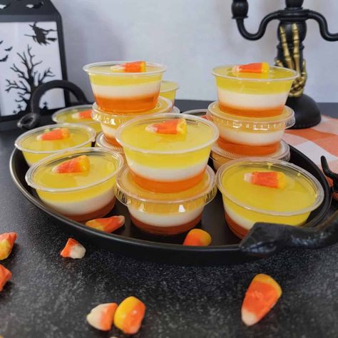 Orange Jello Shots Halloween, Candy Corn Pudding Shots, Candy Corn Shots, Candy Corn Jello Shots Recipe, Halloween Shots Alcohol Jello Shooters, Halloween Jell-o Shots, Halloween Jell-o Shot Ideas, Jell-o Shots With Vodka, Candy Corn Jello Shots