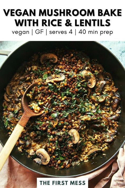 Gluten Free Vegan Dinner, Mushroom Brown Rice, Crispy Lentils, Lentils Mushrooms, Mushroom Dinner, Mushroom Bake, Quick Vegan Dinner Recipes, Rice Bake Recipes, Vegan Gluten Free Dinner