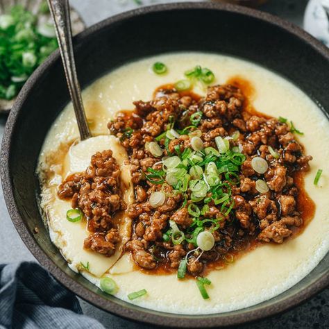 Steamed Egg with Minced Pork (肉末蒸水蛋) Egg Tofu, Minced Pork, White Soup, Steamed Eggs, Steamed Tofu, Korean Dishes, Course Meal, Minced Meat, Chinese Cooking