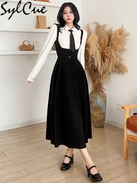 Sylcue Sweet Classic Retro Black Mysterious Formal Slim High-end Simple And Generous Women's Long Pleated Suspenders Dress - Dresses - AliExpress Black Vest Dress, Dresses Y2k, Girl Sleeves, Tie Women, Preppy Dresses, E Girl, White Long Sleeve Shirt, Suspender Dress, Black Vest