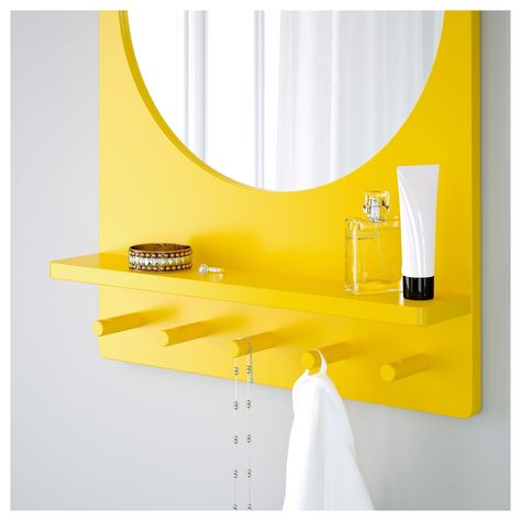 IKEA SALTROD Yellow Mirror with shelf and hooks Ikea Saltröd, Vanity Corner, Ikea Yellow, Apartment Planning, Yellow Mirror, Yellow Bathroom Decor, Ikea Mirror, Yellow Bathroom, Bathroom Necessities