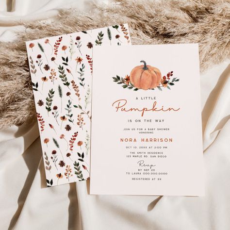 Little Pumpkin Fall Wildflower Pattern Baby Shower Invitation #zazzle #weddinginvitations #birthdayinvitations #babyshowerinvitations #zazzleinvitations #monogram #businesscards #graduation #homedecor Pumpkin Theme Baby Shower, October Baby Showers, Whimsical Baby Shower, Wildflower Pattern, Fall Baby Shower Invites, October Baby, Boho Baby Shower Invitations, Pumpkin Baby, Baby Shower Pumpkin