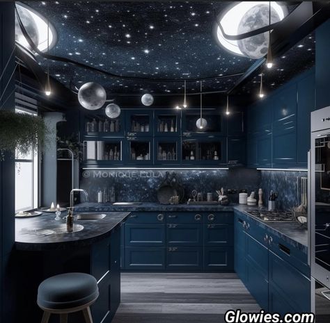 Galaxy Home Decor, Celestial Bathroom Aesthetic, Galaxy Bathroom Ideas, Celestial Kitchen, Galaxy Kitchen, Space House, Fantasy Rooms, Space Kitchen, Dark Home Decor