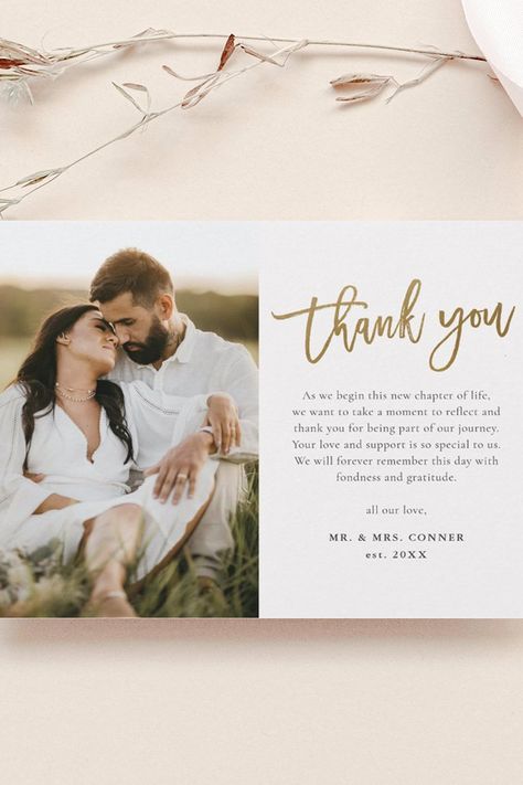 Modern Gold Script 2 Photo Wedding Thank You Card Unique Wedding Thank You Cards, Wedding Thank You Pictures, Wedding Thank You Photo Ideas, Wedding Thank You Cards With Pictures, Photo Thank You Cards Wedding, Wedding Thank You Postcards, 2 Photos, Wedding Thank You Cards, New Chapter