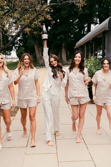 Piyama Bridesmaid, Bridal Party Matching Pajamas, Bridesmaids Long Pajamas, Bridal Party Pjs Birdy Grey, Bridal Party Pyjama Photos, Bridesmaid Pjs Pajama Set With Initial, Elegant V-neck Bridesmaid Sleepwear, Pink Bridal Party, Beige Bridesmaids