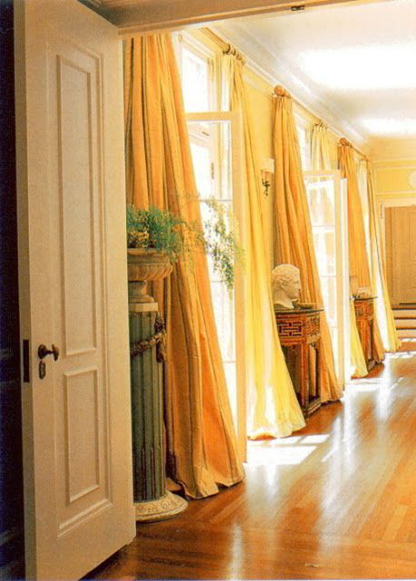 Olive Living Rooms, White Foyer, 70’s House, Yellow Drapes, Yellow Ceiling, Floor To Ceiling Curtains, Southern Home Interior, Ceiling Draping, Yellow Curtains