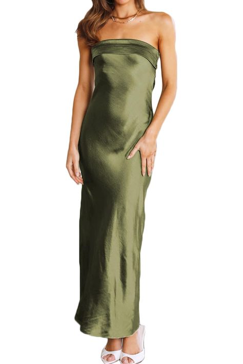 Elegant strapless maxi dress,This features a folded bust detail, Ruched elastic on back , stunning open back feature,Gel tape along the bust and a Invisible zip on side,With an elegant yet simplistic design, the Realtix will be you go-to for formal occasions and special events Strapless Green Dress, Strapless Satin Dress, Strapless Long Dress, Evening Dinner, Silk Satin Dress, Maxi Dress For Women, Tube Tops, Wedding Cocktail, Soft Dress