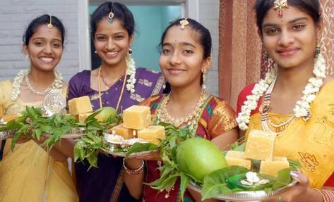 Cheti Chand, Ugadi Festival, Baby Bump Photoshoot, India Culture, Special Prayers, Hindu Festivals, Indian Festivals, Leaf Decor, Andhra Pradesh