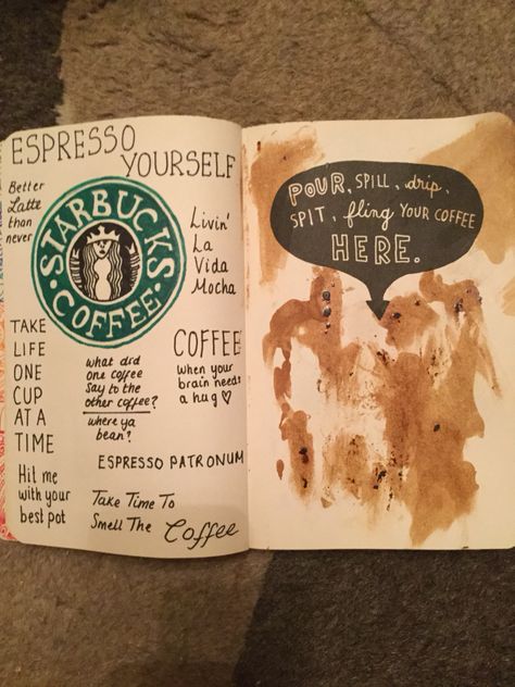 Coffee page✅ wreck this journal Starbucks Journal Ideas, Coffee Journal Ideas, Wreck This Journal Pages, Wreck This Journal Ideas Pages, Chocolate Journal, Wreak This Journal Pages, Wreck This Journal Everywhere, Wreck Journal, Coffee Journal