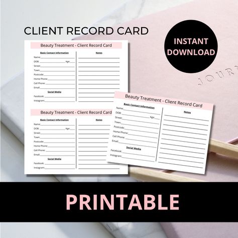 Printable Client Record Card for Beauty Professionals I Client Client Record Cards Beauty, Client Record Card, Direct Sales Planner, Record Card, Esthetician Business, Food Business Card, Report Card Template, Card Png, Customer Loyalty Program