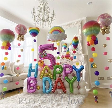 4 Birthday Decoration Ideas, High Chair Balloons, Art Birthday Decorations, Rainbow Birthday Balloons, Front Yard Birthday Decorations Diy, Balloon Decor No Helium, Dining Room Birthday Party Decor, Rainbow Theme Birthday Decorations, Toddler Rainbow Birthday Party