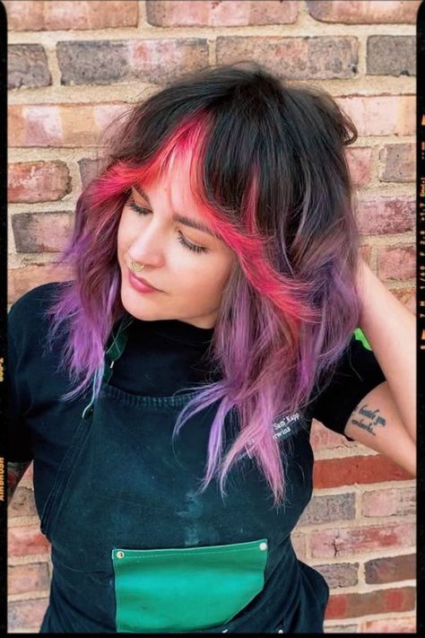 Top 25 Shag Haircuts Of All Lengths For Summer 2023 Shag Hairstyles With Color, Long Hair Funky Styles, Colored Shag Haircut, Hair Color For Shag Haircut, Split Dyed Shag Hair, Shag Hair Dye, Vivid Color Blocking Hair, Pink And Purple Color Block Hair, Vivid Hair Color Shag