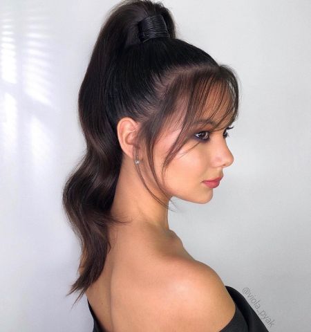 High Ponytail And Wispy Bangs Perfect Ponytail, Elegant Ponytail, High Ponytail Hairstyles, Simple Ponytails, Ponytail Hair Extensions, High Ponytail, Chic Hairstyles, Ponytail Styles, High Ponytails