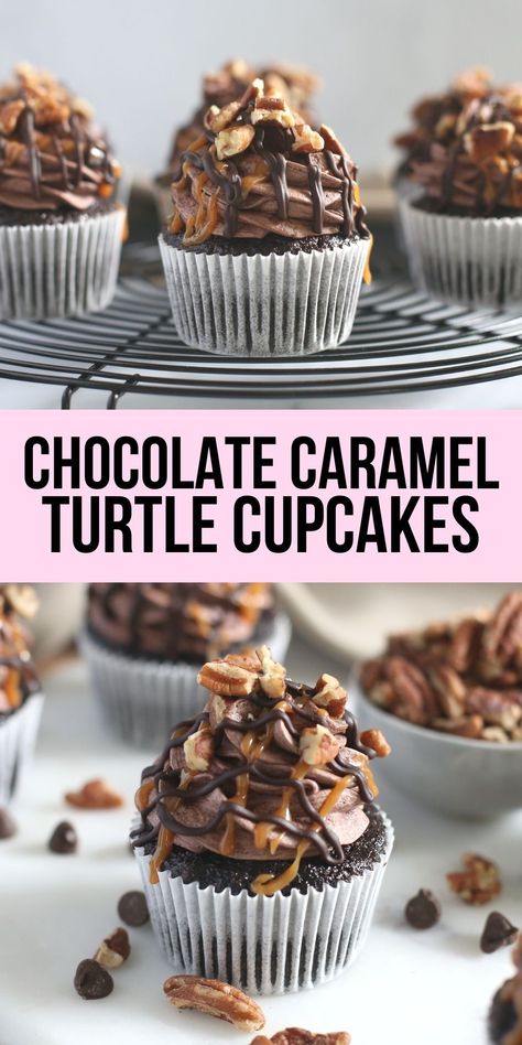 Award Winning Cupcakes Recipes, Fall Cupcakes Chocolate, Fall Chocolate Cupcake Flavors, Chocolate Cupcake Ideas, Turtle Cupcakes Recipe, Turtle Chocolate Cupcakes, Christmas Cupcakes Ideas, Buttercream Frosting Chocolate, Caramel Chocolate Ganache