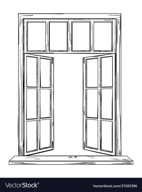 How To Draw Windows Step By Step, How To Draw Windows, Window Frame Drawing, Windows Drawing, Supermarket Flowers, Drawing Furniture, Window Drawing, Old Windows, Front Windows