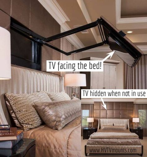 'M1' Extended Flip-Out for Built-in Application (Motorized) | HVTV Hidden Vision TV Mounts Diy Tv Mount, Mounted Tv Ideas Bedroom, Mounted Tv In Bedroom, Diy Tv Mounting, Tv Bed Frame, Mount Tv, Bedroom Tv Wall, Tv Built In, Diy Dresser Makeover