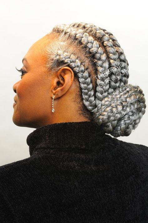 Braids curly hairstyle senior women Gray Braids For Black Women Silver Hair, Salt And Pepper Braids Black Women, Older Black Women Hairstyles Over 50, Braids For Older Black Women Over 50, Four Braids Cornrow, Black Braided Hairstyles Updos, Big Cornrow Braids, Black Braided Updo, Cornrows Ideas