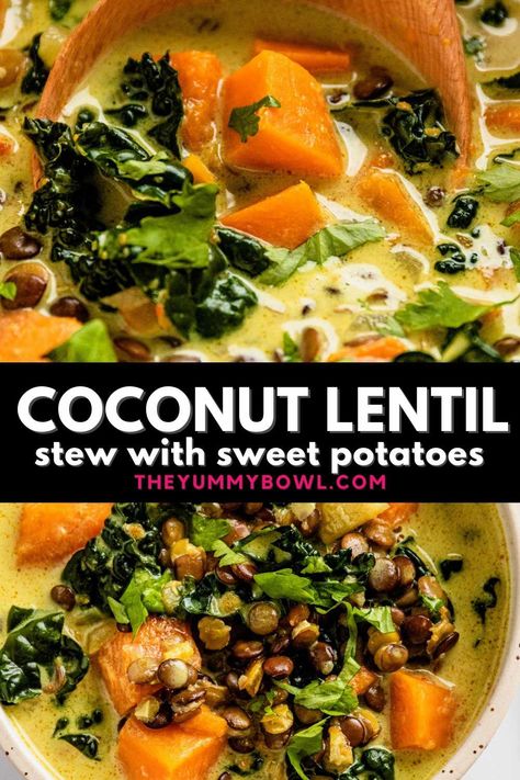 Thick and hearty Sweet Potato Lentil Stew is packed with good-for-you ingredients: delicious sweet potatoes, coconut milk, kale, and lentils! This lentil stew is incredibly filling and true comfort food in one bowl. Vegan, Dairy-free, Gluten-Free. Coconut Milk Stew, Ginger Sweet Potato, Lentil Stew, Tasty Vegetarian Recipes, Lentil Recipes, Vegan Dinner Recipes, Healthy Soup, Veggie Dishes, Curries