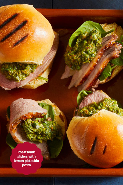 Celebrate Summer with a Roast Lamb Sliders with Lemon Pistachio Pesto Recipe Pistachio Pesto Recipe, Pesto Rolls, Lamb Sliders, Lemon Pistachio, Side Salad Recipes, Roast Lamb, Pistachio Pesto, Lamb Roast, Pesto Recipe