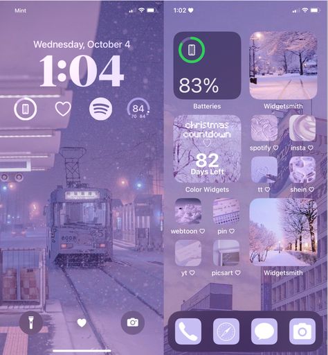 Iphone Themes Aesthetic Purple, Phone Layout Ideas Purple, Purple Ios 16 Homescreen, Purple Phone Layout, Layouts Iphone, Phone Wallpaper Theme, Ios 16 Ideas, Purple Snow, Set Background