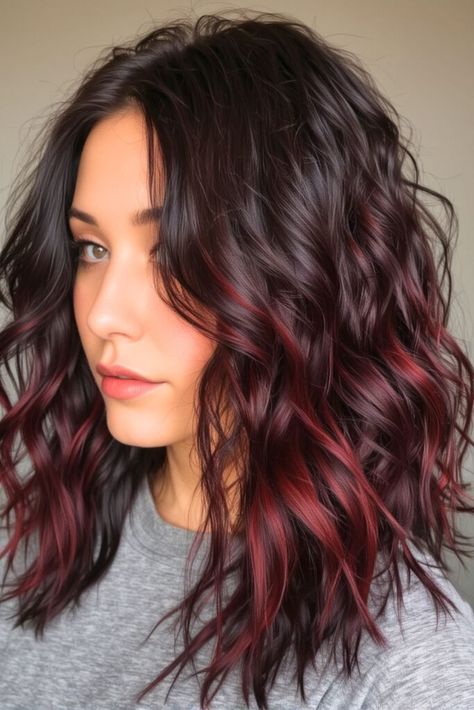 20 Winter Brunette Hair Color Ideas 2025 - Fashion Trend Hacks Brunette Plum Balayage, Maroon Lowlights Brunettes, Hair Peekaboo Color Brunettes, Vivid Hair Color Ideas For Winter, Brown Hair With Bright Colors, Dark Hair Dye Color Ideas, Berry Highlights Brown Hair, Short Chocolate Cherry Hair, Brunette Burgundy Hair