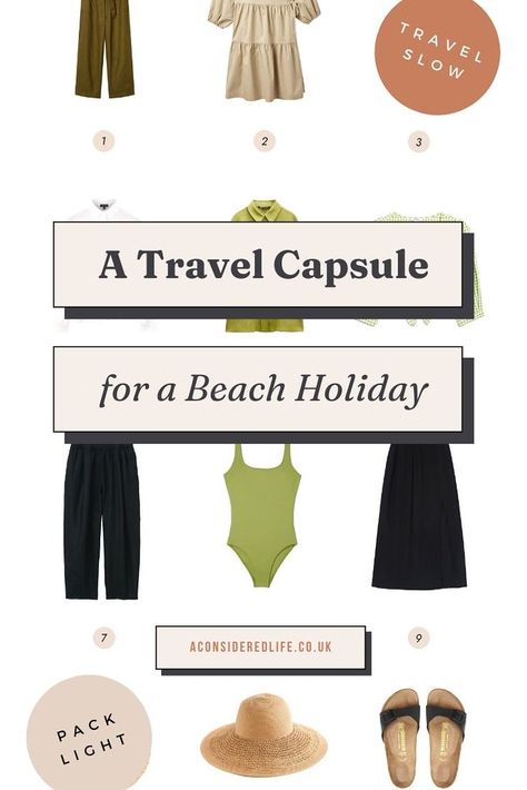 A 10-Day Beach Holiday Travel Capsule Capsule Holiday Wardrobe, Beach Vacation Capsule Wardrobe, Beach Holiday Wardrobe, Beach Capsule Wardrobe, Beach Capsule, Tonal Outfits, Travel Capsule Wardrobe Summer, Holiday Packing Lists, Vacation Capsule