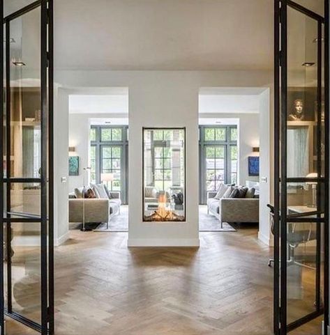 Fireplace Between Kitchen And Living, Rustic French Doors, French Door Decor, French Doors Living Room, French Door Interior, Double Sided Fireplace, French Country Living Room, Freestanding Fireplace, Door Interior