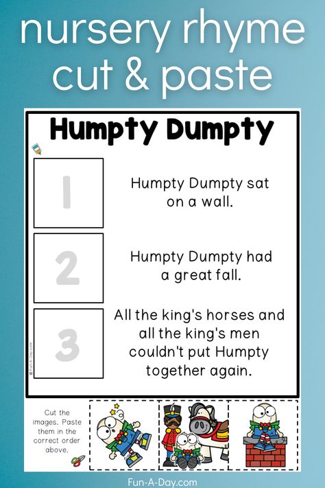 Humpty Dumpty Cut and Paste Free Printable Humpty Dumpty Craft, Humpty Dumpty Activities, Nursery Rhymes Preschool, Nursery Rhyme Theme, Nursery Rhymes Activities, Classic Poems, Sequencing Cards, Free Preschool Printables, Fairytale Nursery