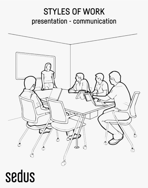 The form of work includes all meetings held for the purpose of communicating information by “presentations”. The study shows that many different types of rooms can be used for this as well as traditional meeting rooms. Meeting Drawing, Human Sketching, Meeting Illustration, Table Sketch, People Png, Perspective Drawing Architecture, Outline Images, Bike Illustration, Easy Cartoon Drawings