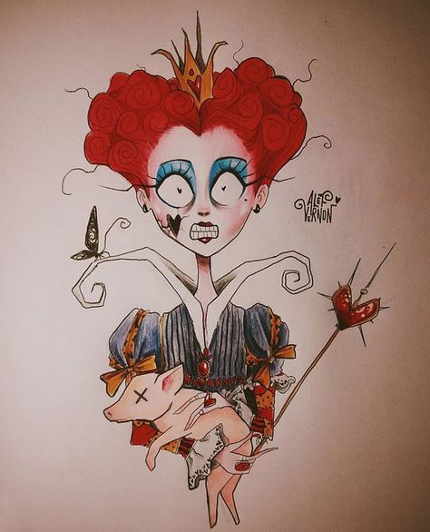 The Queen of Hearts Queen Of Hearts Drawing, Tim Burton Drawings Style, Hearts Drawing, Tim Burton Drawings, Alef Vernon, Tim Burton Art Style, Tim Burton Style, Tim Burton Art, Saturday Night Fever