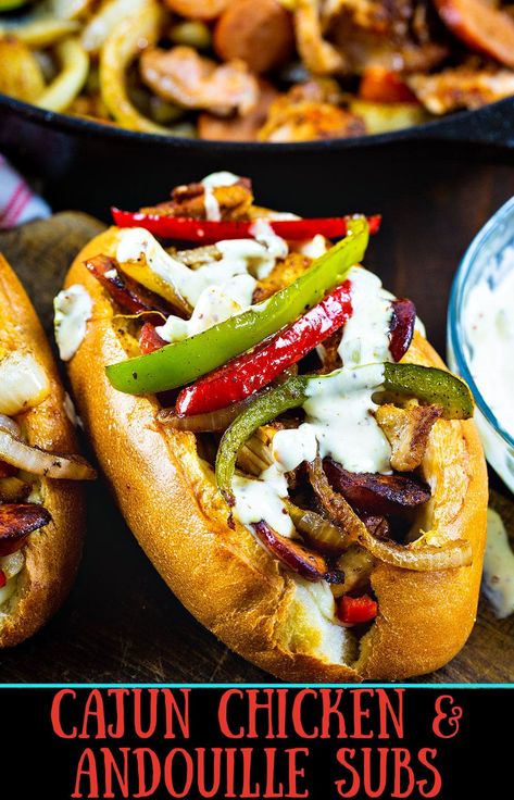 Andouille Sandwich, Cajun Chicken Sandwich Recipes, Cajun Sandwich Recipes, Cajun Sandwiches, Cajun Food Recipes, Cajun Chicken Sandwich, Grilled Chicken Sausage, Spicy Cajun Chicken, Sausage Peppers Onions