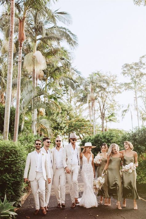 Satin Beach Bridesmaid Dresses, Modern Tropical Wedding Bridesmaids, Sage Destination Wedding, Bahamas Wedding Dress, Cabo Wedding Bridal Party, Beach Wedding Ideas Bridesmaids, Tulum Bridesmaids, Beach Wedding Party Photos, Destination Wedding Bridal Party