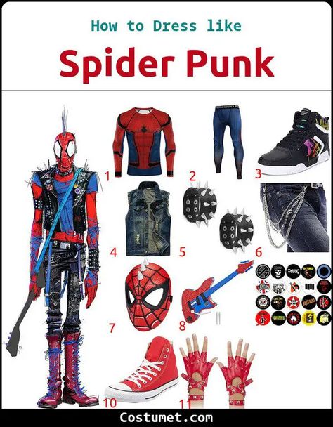 Spider-Punk Costume Spider Punk Outfit Ideas, Spider Punk Costume, Spider Punk Vest, Spider Punk Cosplay, Punk Cosplay Costume For Halloween, Hobart Brown Spider Punk, Spider Punk, Spider Punk Shirt, Punk Costume