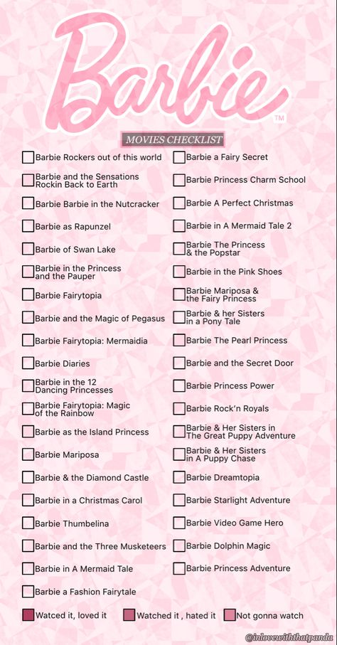 Girly Movies List, Barbie Movie Challenge, Barbie Movies To Watch, Every Barbie Movie List, List Of Barbie Movies, Barbie Movies List In Order, Barbie Watch List, Barbie Movie Marathon Aesthetic, Movies Marathon List