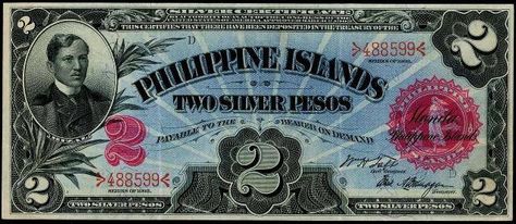 As early as 1903, Jose Rizal started to appear on Philippine currency. 2 peso bill (antiquemoney.com) Manuel Roxas, Ramon Magsaysay, George Dewey, Philippine Peso, Jose Rizal, National Heroes, Famous Americans, Paper Money, Bank Notes