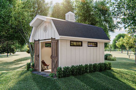 Work from home in this farmhouse-inspired backyard office plan.  The exterior features a gambrel roof and board and batten siding.  A set of sliding barn doors opens to a large office space that is perfect for working remotely from home. Large Office Space, Modern Farmhouse Backyard, Farmhouse Sheds, Barn Style Shed, Backyard Barn, Shed Tiny House, Gambrel Style, Office Shed, Barn Plan