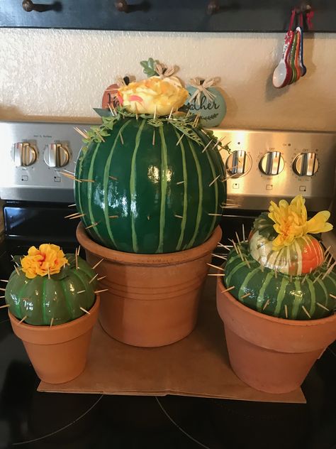 Cactus Painted Pumpkin, Pumpkin Cactus Painting, Barnyard Pumpkin Decorating, Painted Cow Pumpkin Ideas, Watermelon Pumpkin Painting, School Pumpkin Contest, Pumpkin Painting Western, Cowgirl Pumpkin Painting, Cactus Pumpkin Decorating