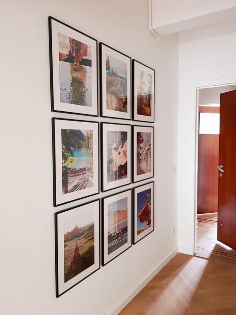 Ikea Frame Layout, Ikea Lomviken Gallery Wall, Lomviken Gallery Wall, Large Hallway Decor, Hallway Family Picture Wall, Ikea Frames Gallery Wall, Hallway Frames Ideas Wall Decor, Ikea Photo Wall, Hallway Picture Display