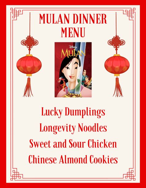 Mulan Movie Night, Movie Themed Dinner, Disney Movie Themed Dinner, Themed Dinners Ideas, Family Movie Night Themes, Disney Movie Night Menu, Disney Themed Movie Night, Disney Movie Night Food, Disney Themed Food