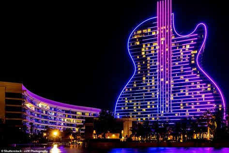 Pictured: The guitar-shaped Hard Rock hotel that will transform the Las Vegas Strip | Daily Mail Online Hollywood Beach Broadwalk, Tropicana Las Vegas, Vegas Night, Hollywood Florida, The Mirage, Hollywood Beach, Florida Hotels, Hollywood Fl, Hard Rock Hotel