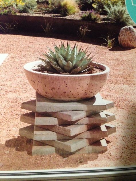 Great raised planter made by stacking square pavers | Garden ... Stacked Pavers Landscaping Ideas, Square Pavers Ideas, Potted Cactus Outdoor, Garden Pavers Ideas, Sand Garden Ideas, Square Pavers, Garden Pavers, Pavers Backyard, Zen Garden Design