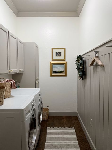 Budget friendly laundry room makeover with paint, trim, and functional baskets! Narrow Laundry, Narrow Laundry Room, Laundry Room Update, Diy Coat Rack, Old Home Remodel, Laundry Room Closet, Laundry Room Renovation, Mudroom Design, Laundry Room Diy