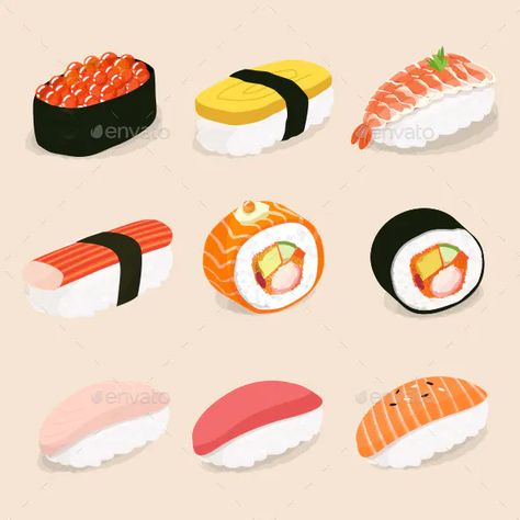 Sushi Vector, Sushi Drawing, Japanese Food Illustration, Sushi Love, Sushi Party, Food Vector, Sushi Art, Food Illustration Art, Vector Food