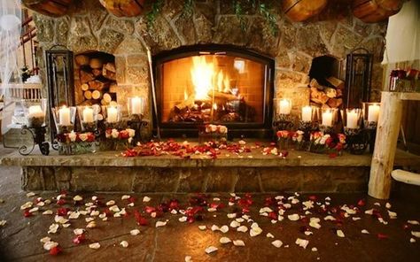 I love fireplaces! This is so pretty! Maybe we can find a cabin or hotel that has this for our honeymoon. :) Christmas Proposal, Romantic Wedding Receptions, Cabin Wedding, Winter Wonderland Wedding, Wedding Site, Lodge Wedding, The Fireplace, Wine Wedding, Wonderland Wedding