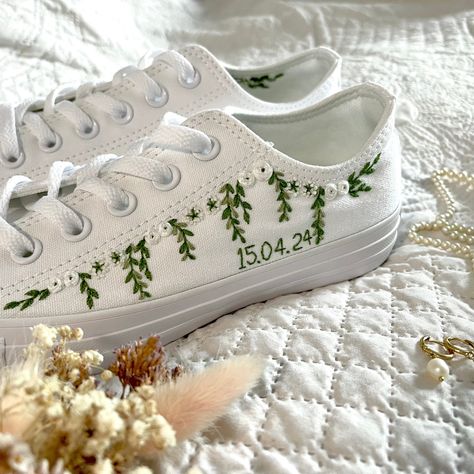 Bridal Trainers, Wedding Sneakers For Bride, Converse Embroidery, Converse Wedding, Bridal Converse, Bridal Sneakers, Embroidered Converse, All Star Converse, Wedding Converse