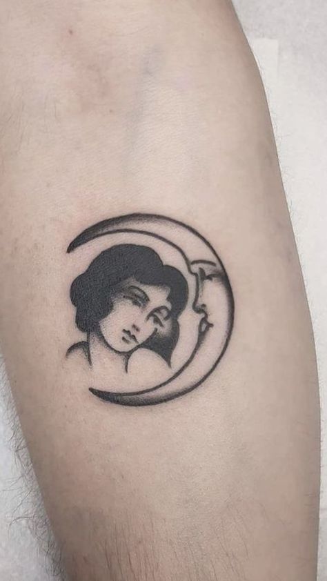 #tattooart #tattooedwomen #tattoomoodboard Patch Work Traditional Tattoo Sleeve, American Trad Moon Tattoo, 1920s Woman Tattoo, American Traditional Tiny Tattoo, Traditional Inspired Tattoos, Vintage Looking Tattoos, Man In The Moon Tattoo, American Traditional Moon Tattoo, Small Vintage Tattoo