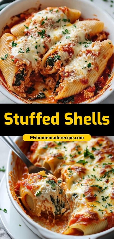 🧀 Giant pasta shells stuffed with creamy ricotta and topped with marinara sauce. This classic Italian comfort dish is perfect for family dinners or entertaining. Pure cheesy perfection. Ingredients: 1 box jumbo shells 32 oz ricotta cheese 24 oz marinara sauce 2 cups mozzarella Cheesy Italian comfort food at its finest! 🍝✨ Stuffed Shells Italian, Stuffed Shells With Spinach, Pasta Shells Stuffed, Italian Stuffed Shells, Jumbo Shells, Shells Stuffed, Shell Pasta Recipes, Spinach Stuffed Shells, Stuffed Shells Ricotta