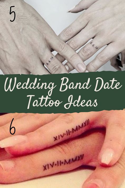 21 Wedding Band Tattoo Ideas (Instead Of A Ring!) |  joker and harley quinn tattoo ideas couple Wedding Band Tattoo For Her, Wedding Date Tattoo Ideas, Wedding Band Tattoo Ideas, Wedding Date Tattoo, Couple Ring Finger Tattoos, Band Tattoo Ideas, Wedding Ring Finger Tattoos, Wedding Date Tattoos, Marriage Tattoos