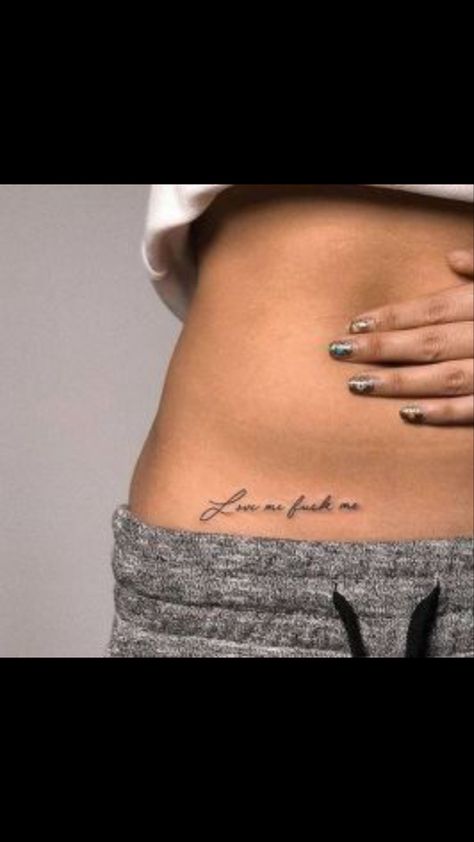 Waist Tatoos Woman, Stomach Script Tattoo Women, Words On Stomach Tattoo, Stomach Writing Tattoo, Tattoo Hidden Placement, Low Hip Tattoo, Tattoo Lower Stomach, Lower Stomach Tattoo, Lower Belly Tattoos