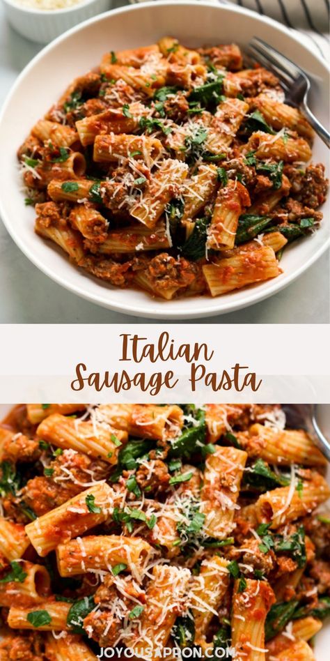 Italian Sausage Pasta - easy weeknight Italian pasta dinner recipe is such a yummy comfort food meal. Rigatoni pasta, Italian sausage and spinach tossed in a creamy sauce. Makes a great family meal and meal prep. How To Grill Asparagus, Creamy Italian Sausage Pasta, Grill Asparagus, Rigatoni Recipes, Sausage Recipes For Dinner, Creamy Tomato Pasta, Sausage Dinner, Sausage Pasta Recipes, Italian Sausage Pasta